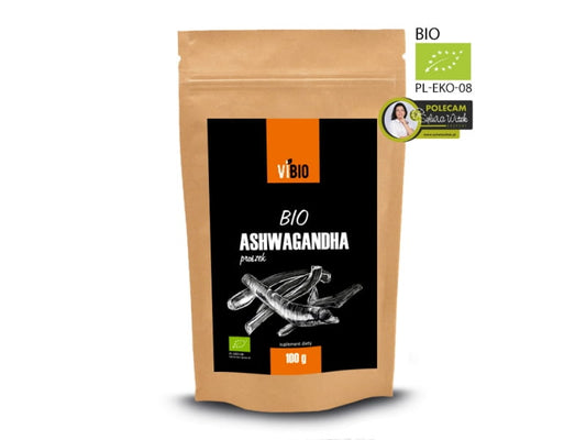BIO-Ashwaganda-Pulver von VIBIO, 100g, fein gemahlenes Ashwaganda-Wurzelpulver in einem Glasbehälter.