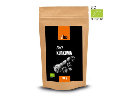 Bio Kurkuma gemahlen von VIBIO in 100g Packung, feines gelbes Gewürz für Küche und Gesundheit, Nahaufnahme