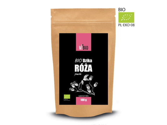 BIO Hagebuttenpulver von VIBIO in einem 100g Beutel, fein gemahlenes rotes Hagebuttenpulver für gesunde Ernährung