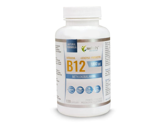 Vitamin B12 Methylcobolamin 1000ug in 120 Kapseln, WISH, zeigt die Verpackung und Kapseln des Nahrungsergänzungsmittels
