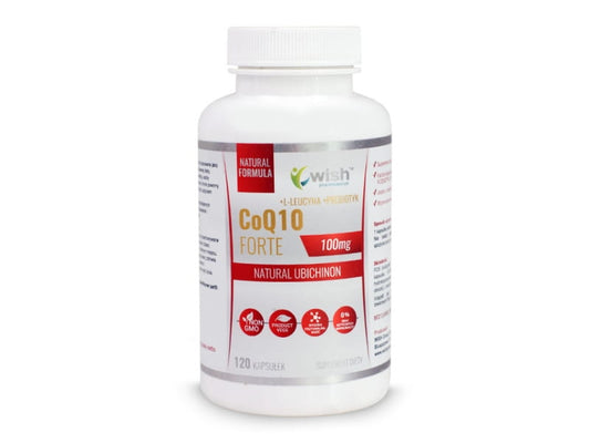 Coenzym Q10 FORTE 100mg von WISH in 120 Kapseln, sichtbare Packung mit weißen Kapseln auf weißem Hintergrund