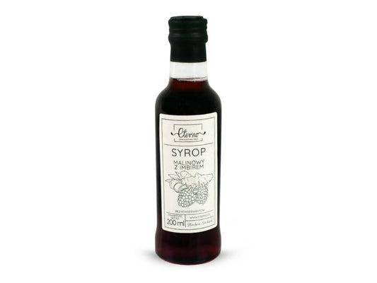 Himbeersirup mit Ingwer in 200ml Flasche, ETERNO, zeigt die flüssige Zubereitung mit fruchtigem Himbeergeschmack und Ingwer.