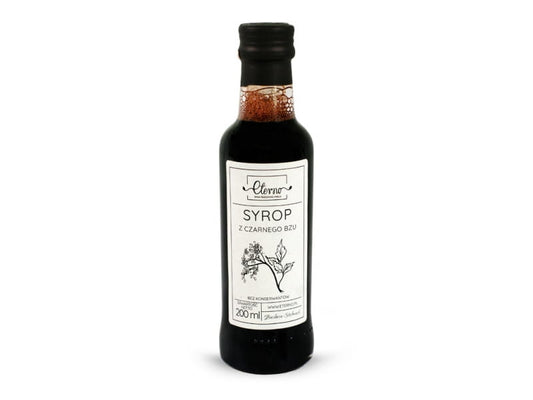 Schwarzer Holundersirup in 200ml Flasche von ETERNO, dunkle Flüssigkeit mit Holunderbeeren-Aroma, ideal für Getränke und Desserts.