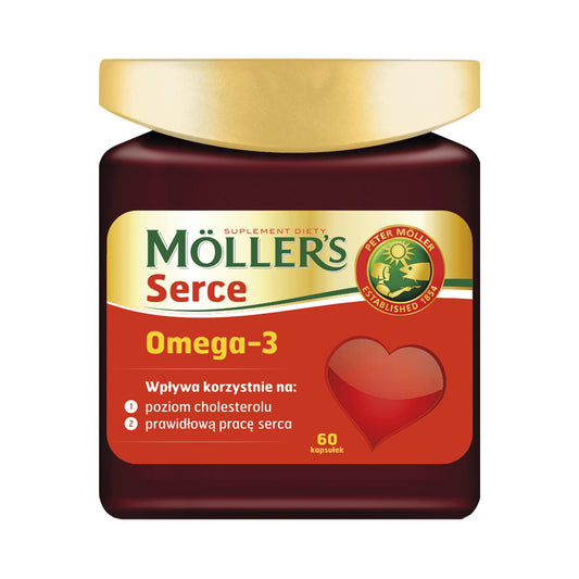 Omega-3 Herz-Kapseln von MOLLER'S MOLLERS, 60 Kapseln in einer weißen Verpackung, Nahaufnahme der Kapseln.