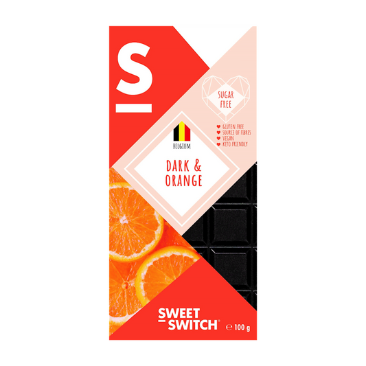 Bitterschokolade mit Orange ohne Zuckerzusatz von SWEET SWITCH, 100g, dunkle Schokolade mit Orangearoma, natürliche Süße.
