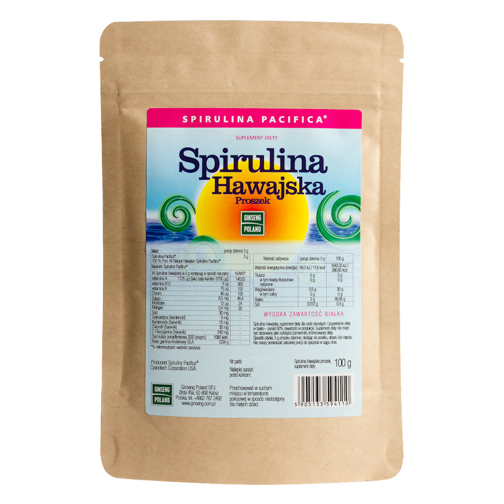 Hawaiianisches Spirulina-Pulver von GINSENG POLAND in einer 100 g Verpackung, fein gemahlen, grüne Spirulina-Substanz in einer Schüssel