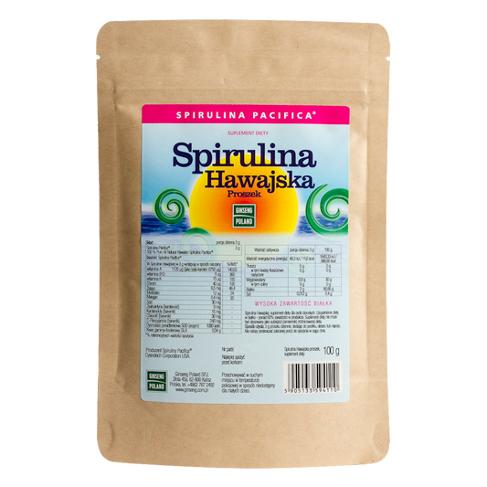 Hawaiianisches Spirulina-Pulver von GINSENG POLAND in einer 100 g Verpackung, fein gemahlen, grüne Spirulina-Substanz in einer Schüssel