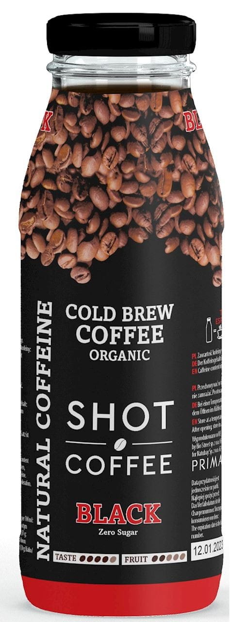 Bio Cold Brew Kaffee von PRIMABIOTIC in 175 ml Flasche, dunkle Kaffeegetränk mit Eiswürfeln, erfrischend und aromatisch.