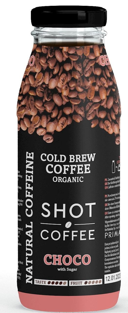 Bio Cold Brew Kaffee mit Schokoladengeschmack in 175 ml Flasche von PRIMABIOTIC, cremig und erfrischend für den Genuss.