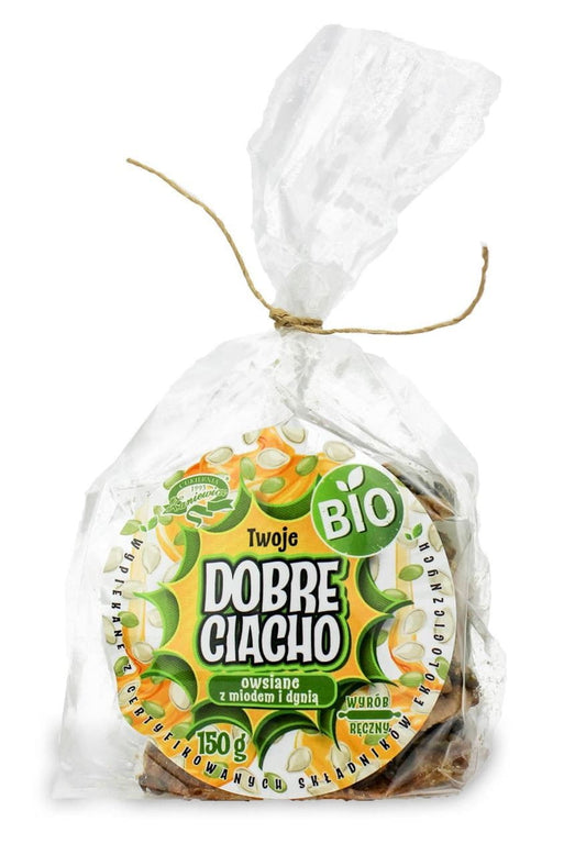 Bio Haferkuchen mit Honig und Kürbis, 150 g, von CUKIERNIA ZANIEWICZ, zeigt frisch gebackenen, goldbraunen Haferkuchen.