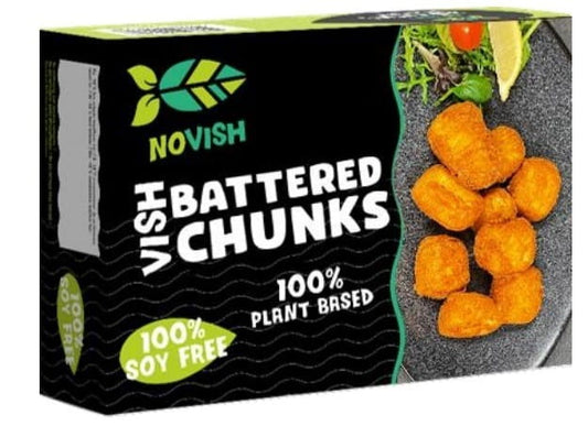 Gemüsealternative Fischstücke im Teig von Novish, 230g, mit goldbraun gebackenen Fischersatzstücken in knusprigem Teig