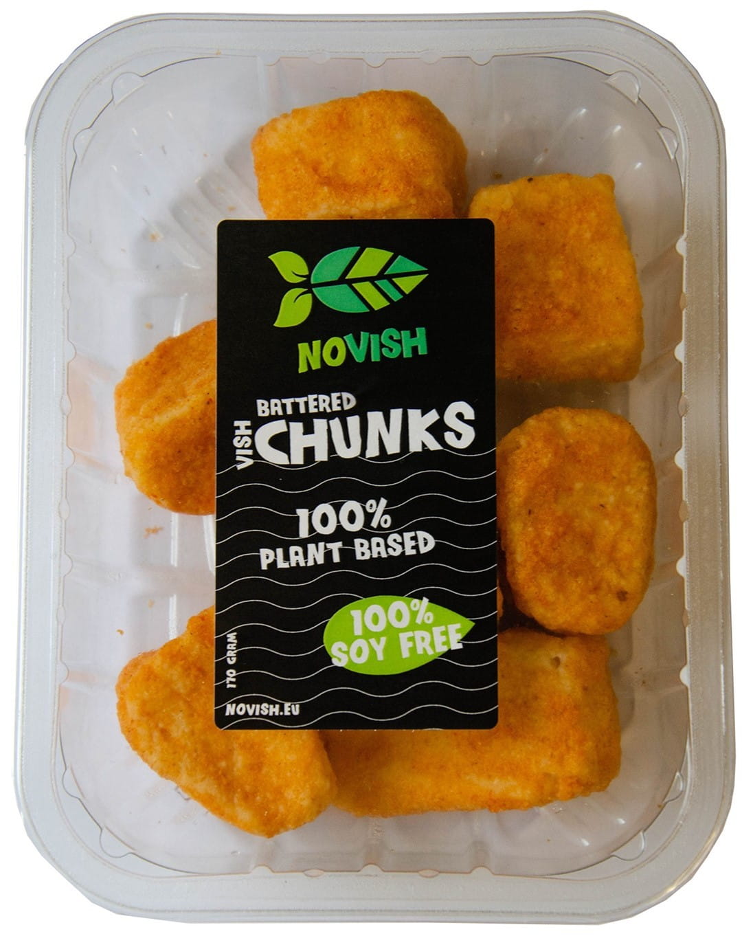 Pflanzliche Fischalternative von Novish, Stücke im Teig, 188 g, appetitliche vegetarische Fischersatzstücke auf einem Teller