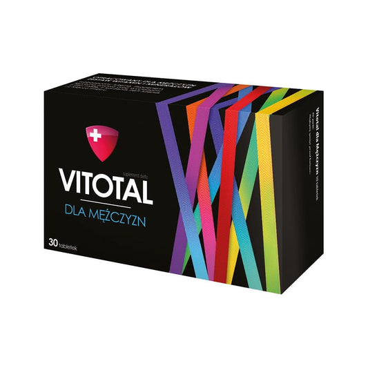 Vitotal für Männer von Aflofarm, 30 Tabletten, zeigt die Verpackung und Tabletten auf einem weißen Hintergrund.