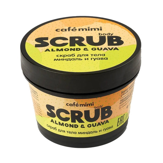 Mandel und Guava Körperpeeling von DesignSoap in 120 g, zeigt das peeling in einer offenen Dose mit fruchtigen Bestandteilen.