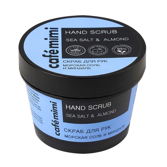 Handpeeling mit Meersalz und Süßmandelöl von DesignSoap, 120 g, zeigt eine offene Verpackung mit Peeling-Körnern und Öl.