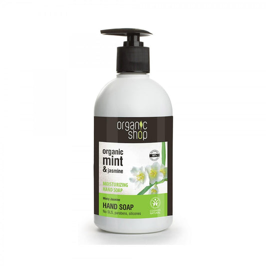 Flasche mit 500 ml EUROBIO LAB Feuchtigkeitsspendende Handseife mit Minze und Jasmin, zeigt die Produktverpackung.