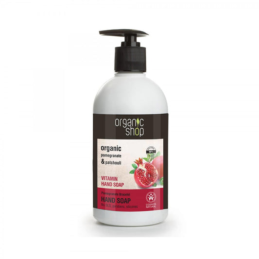Handseife mit Granatapfel-Vitaminen in 500 ml Flasche, EUROBIO LAB, zeigt die Seife mit Granatapfel- und Vitamindetails.