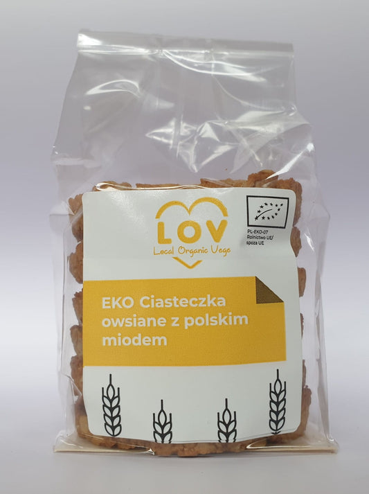 Haferkuchen mit polnischem Honig von Local Organic Vege, 240g, Bio-Qualität, frischer Haferkuchen mit Honig auf einem Teller.