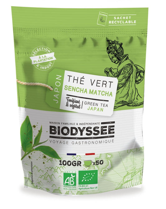 Grüner Tee Sencha Matcha in 100g Bio-Qualität, Biodyssee, feines grünes Tee-Pulver in nachhaltiger Verpackung
