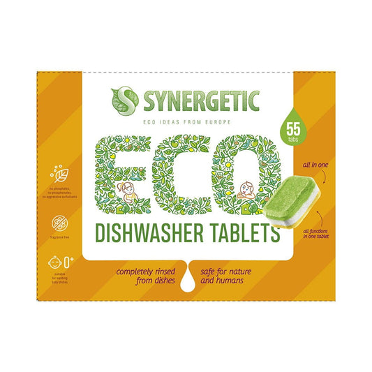 Biologisch abbaubare Geschirrspültabs von Synergetic, 55 Stück, für umweltfreundliches Spülen, sichtbar in der Verpackung