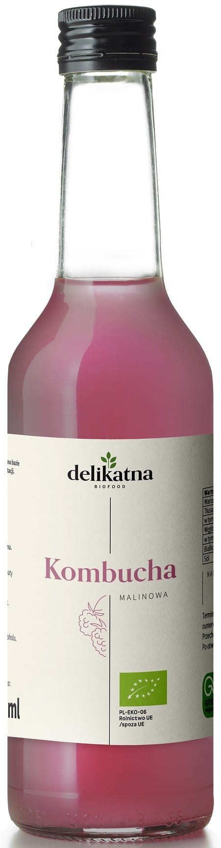Bio Himbeer-Kombucha in 330 ml Flasche von DELIKATNA, erfrischendes Getränk mit rotem Himbeergeschmack, sichtbar in der Flasche