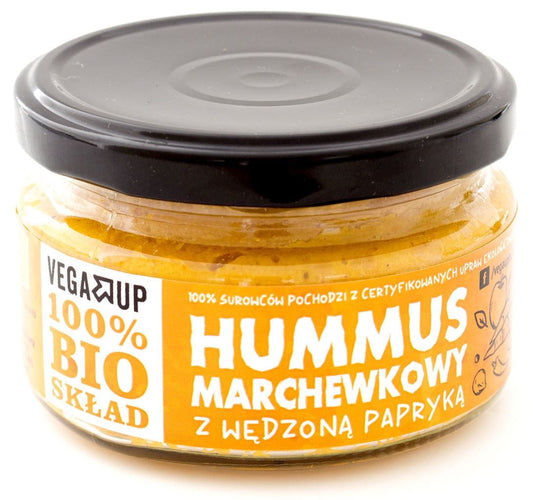 Karotten-Hummus mit geräuchertem Paprika von VEGA UP, Bio, 190 g, cremiger Dip mit orangefarbener Karottenschicht und Paprikastückchen