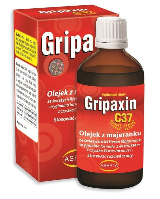 Flasche Gripaxin C37 mit Majoran- und Basilikumöl sowie ASEPTA-Zistrosenextrakt, 10 ml, auf weißem Hintergrund.