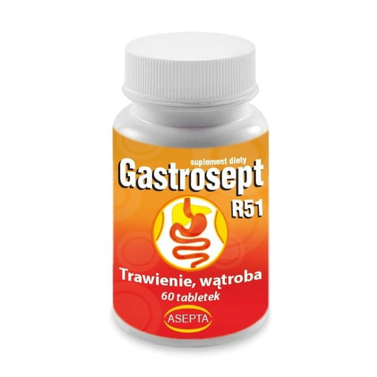 Gastrosept r51 60 ASEPTA-Tabletten, Packung mit Tabletten gegen Magenbeschwerden, auf weißem Hintergrund.