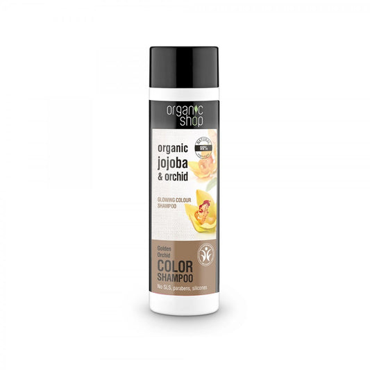 Haarshampoo von EUROBIO LAB, das goldene Orchideen-Farben zum Leuchten bringt, 280 ml Flasche mit goldener Orchideen-Dekoration