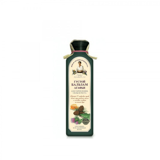 Balsam für dünnes und schwaches Haar von PERVOE RESHENIE, 350 ml Flasche, zeigt das Produkt in einer natürlichen Umgebung