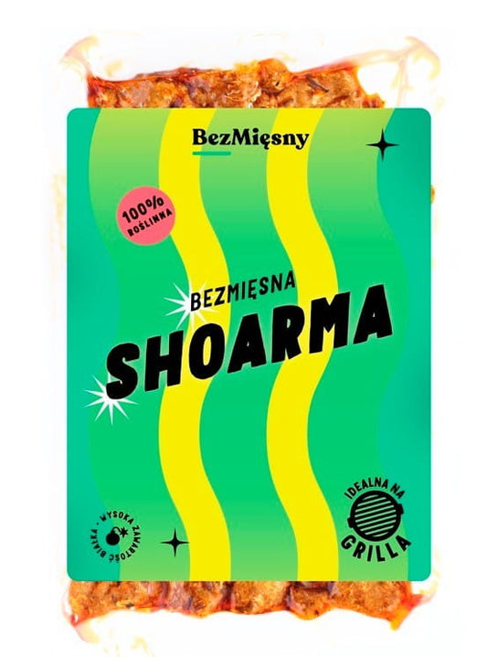 Fleischloses Schaarma 150 g von BEZMIĘSNY MIĘSNY, vegetarischer Fleischersatz, auf weißem Hintergrund.