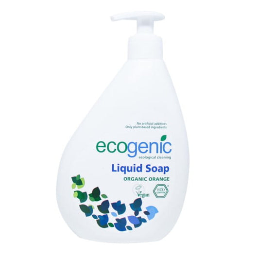 Flüssigseife ECOGENIC Orange, 500 ml, in einer klaren Flasche mit orangefarbenem Seifenspender, umweltfreundliche Verpackung