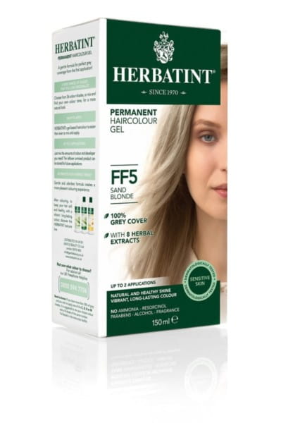 Herbatint Gelfarbe ff5 Sandblond, 150 ml, cremige Haarfarbe in einer Tube, sichtbarer Farbton und Verpackung.