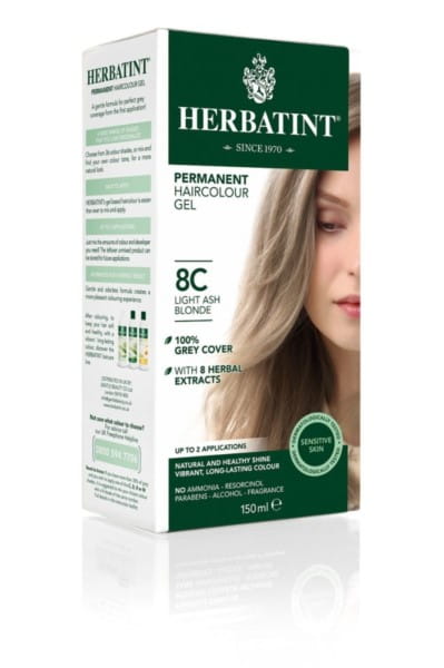 Haarfarbe HERBATINT 8c helles Aschblond, 150 ml, cremige Textur, zeigt die blondierte Haarfarbe in einer Flasche