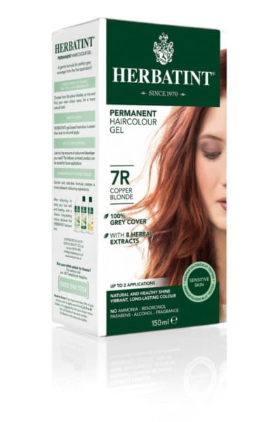 Gelfarbe 7r Kupferblond von HERBATINT in 150 ml Flasche, cremige Textur, zeigt Kupferblonde Haarfarbe in einer Tube