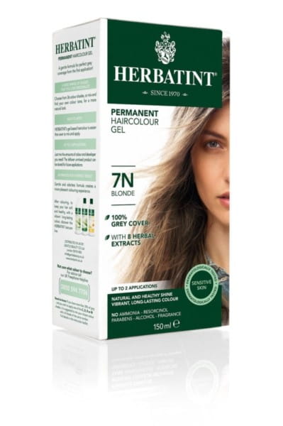 Gel-Farbe 7N Blond von HERBATINT in 150 ml Flasche, cremige Textur, ideal für blondes Haar, sichtbar in der Flasche auf dem Bild.