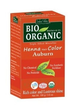 Naturgetreue Abbildung von 100g Henna für Haare in Kastanienbraun von INDUS VALLEY, naturbelassene Haarfarbe in natürlicher Verpackung