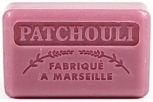 SATIS Marseille Patchouli Seife 125g, handgefertigte Seife mit Patchouli-Duft, zeigt die Seifenstück und Verpackung.