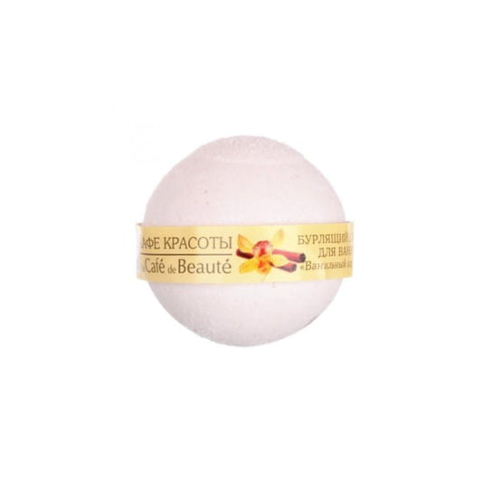 Badebombe Vanillesorbet von CAFE MINI PROFESSIONAL, entspannende Badekugel mit Vanilleduft, liegt in Wasser.