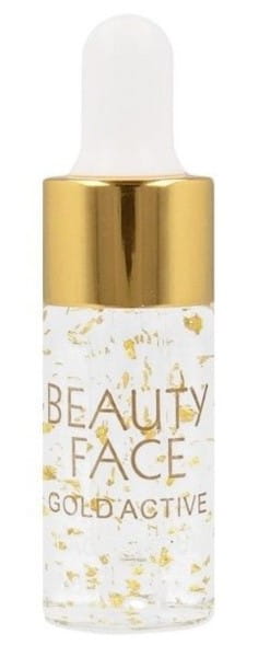 Gold Activ Gesichtsserum von BEAUTY FACE in 10ml Flasche, glänzende Verpackung und Anwendung auf der Haut sichtbar