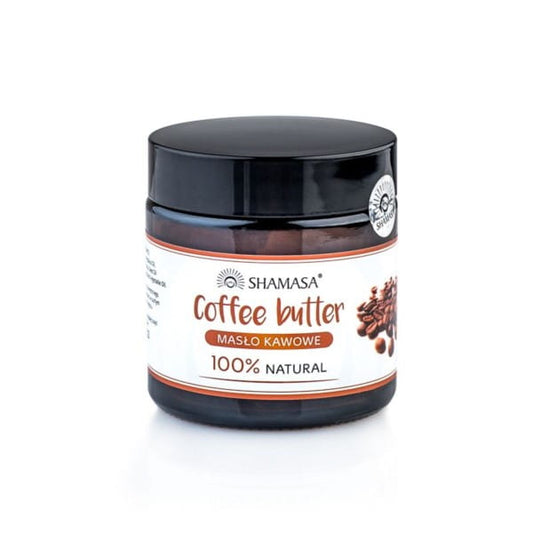 Natürliche Kaffeebutter von SHAMASA in einer 80 g Dose, cremige Konsistenz, ideal für Hautpflege und Ernährung.