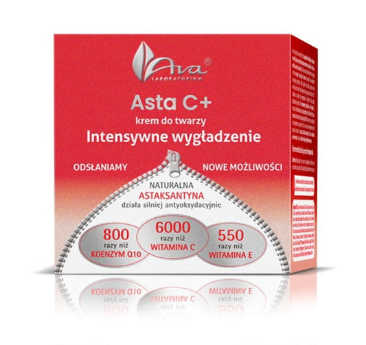Asta C + intensiv glättende Nachtcreme von AVA LABORATORIUM in einem Tiegel mit weißer Creme, für glatte Haut über Nacht.