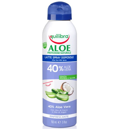 Aloe Vera After-Sun-Spray von EQUILIBRA in einer weißen Flasche, Nahaufnahme zeigt das Produkt vor einem hellen Hintergrund