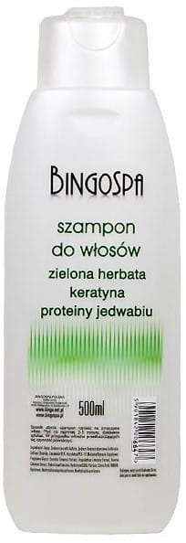 BINGOSPA Keratin-Grüntee-Shampoo in einer Flasche mit grünem Shampoo-Design, für gesundes Haar.