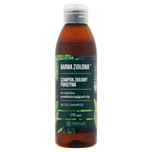Kräuter-Brennnessel-Shampoo von BARWA in 250 ml Flasche, zeigt natürliche Kräuter und Brennnessel für gesundes Haar