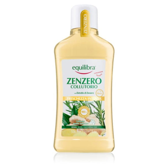 EQUILIBRA Ingwer-Mundspülung in einer Flasche, zeigt die natürliche Verpackung und die Ingwer-Zutaten für frischen Atem.