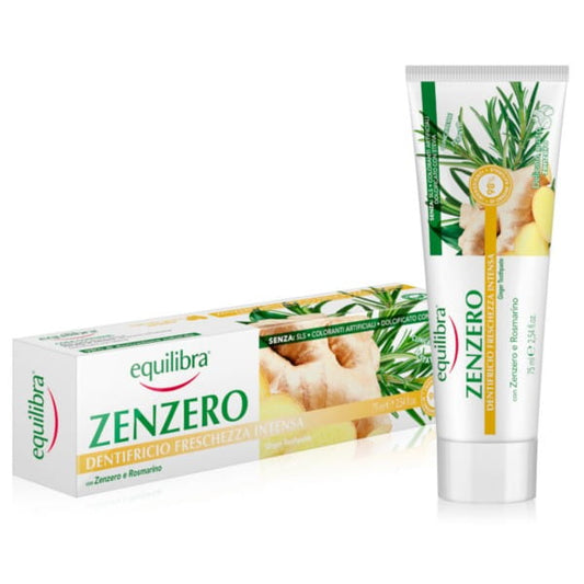 Ingwer Zahnpasta von EQUILIBRA in 75ml Tube, zeigt Zahnpasta mit Ingwer-Extrakt und weißer Verpackung.