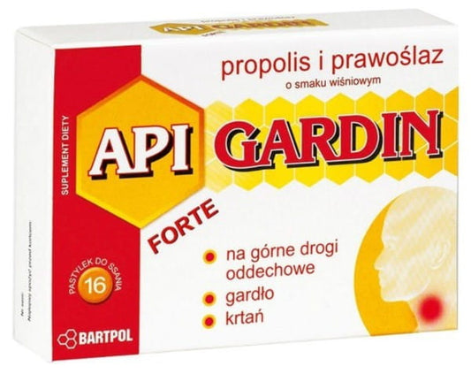 Bartpol Api Gardin FORTE Propolis mit Kirschgeschmack, 16 BARTPOL, zeigt die Verpackung mit Flasche und Etikett.