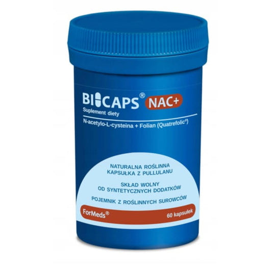 Bicaps nac + n Acetyl-L-Cystein Folat Nahrungsergänzungsmittel von FORMEDS, Kapsel mit weißen Inhalt.