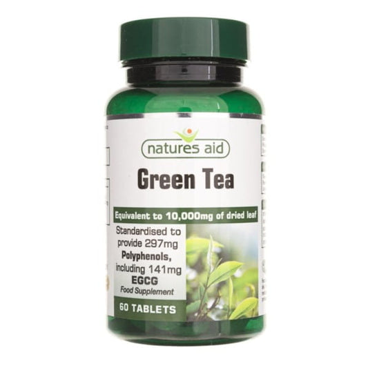 Grüner Tee Kapseln von NATURES AID, 60 Tabletten, antioxidative Nahrungsergänzung, Nahaufnahme der Packung